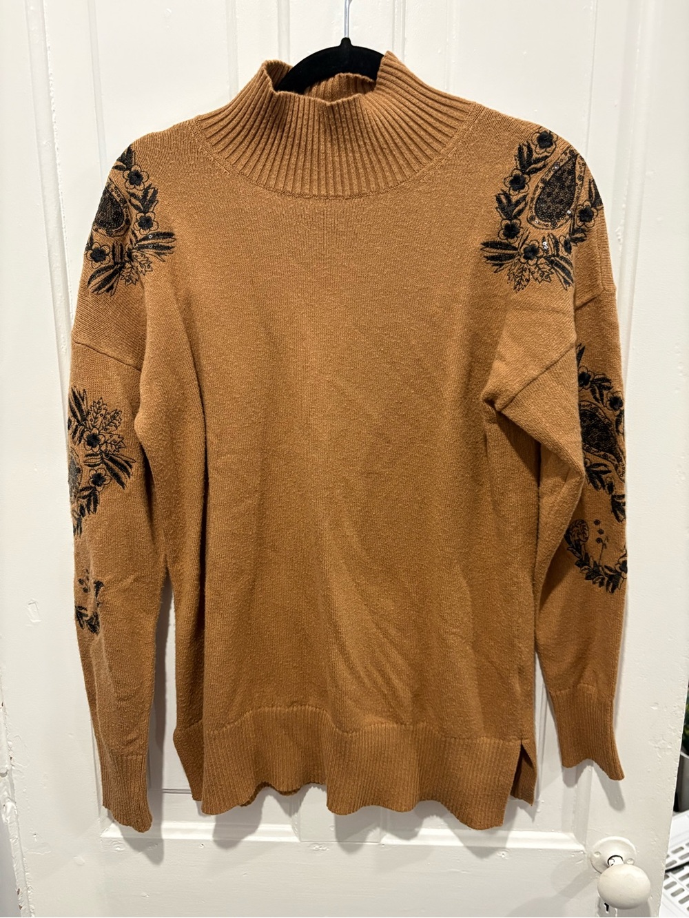 Women’s Camel Brown Mock Neck Sweater with Black Floral Embroidery